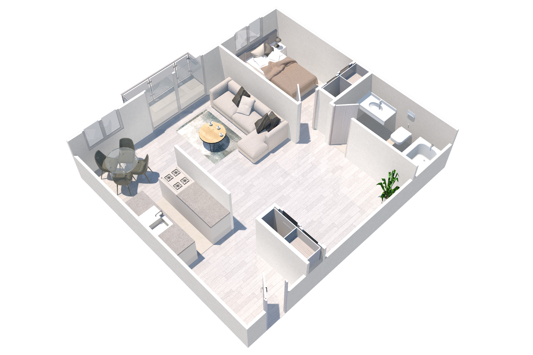 Floor plan for 1 bed, 1 bath, 654 sqft